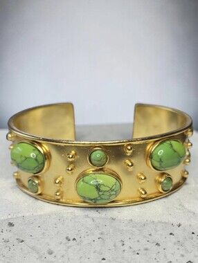 Gold Plated Artisan Rare Gaspeite Natural Stone Etruscan Byzantine Cuff Bracelet